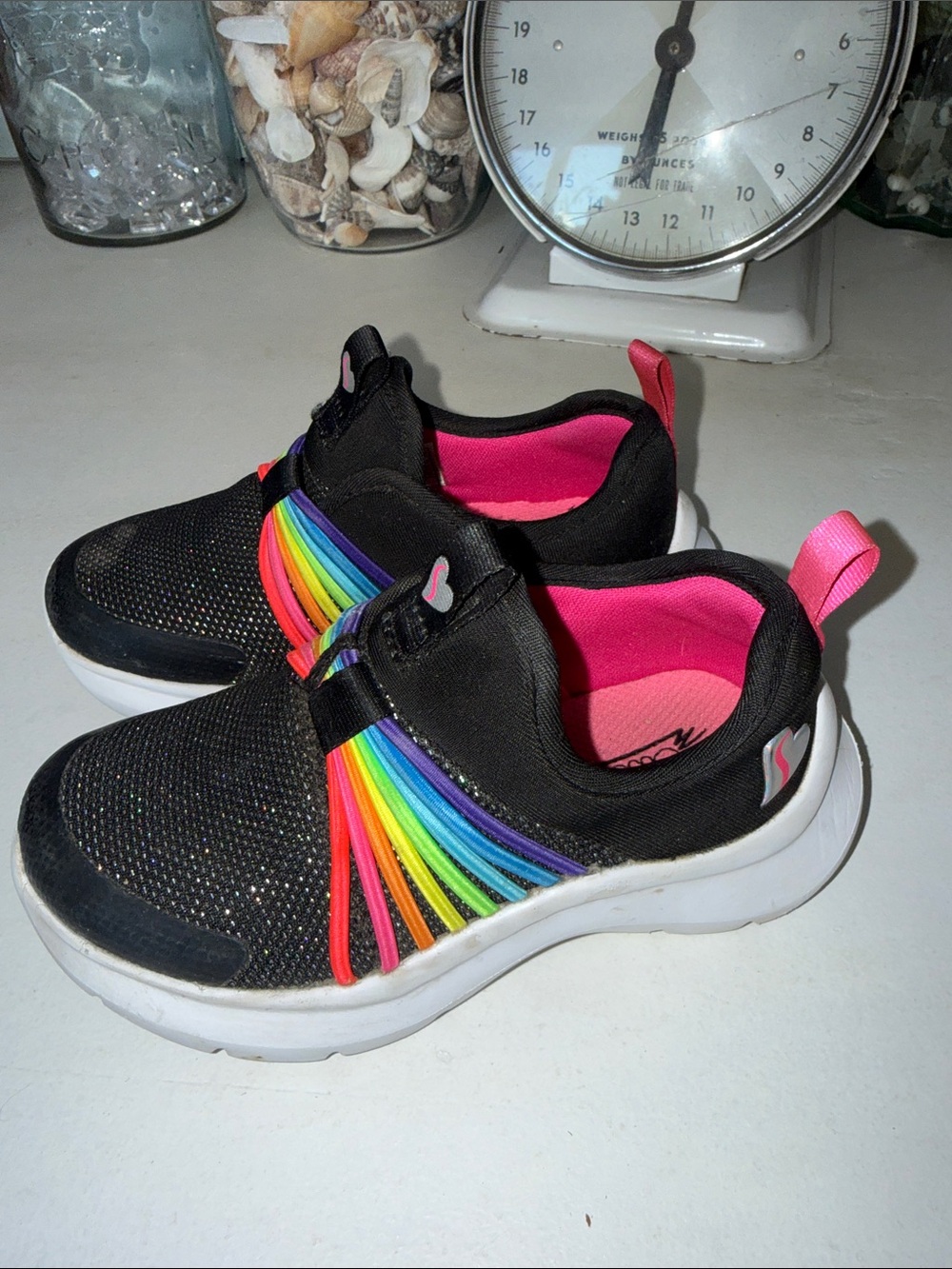 Size 8 sketchers girls Black Slip-On Sneakers neon Rainbow - Comfortable Shoes